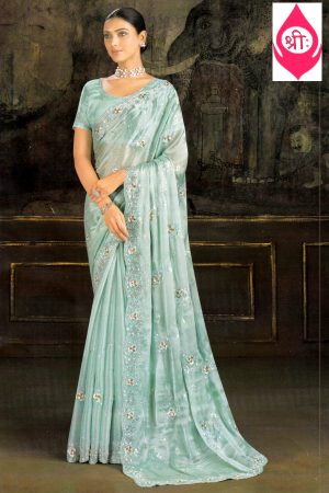 Light blue embroidered silky saree