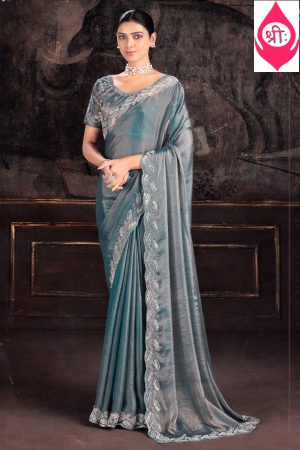 Blue-grey shimmer silk saree