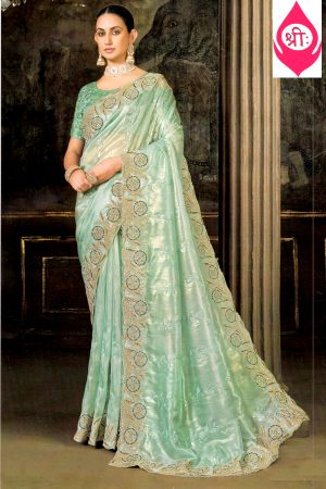 Mint green silky embroidered saree