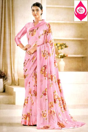 Pink floral glass nylon saree