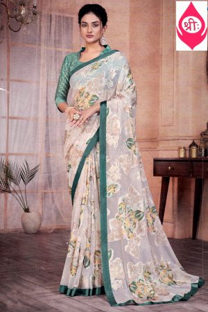 Cream & green floral glass nylon saree