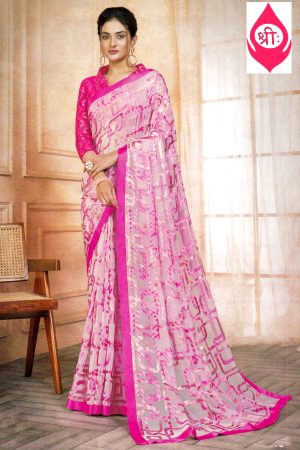 Cream & dark pink glass nylon saree