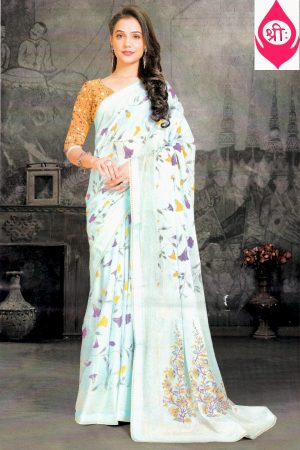 Pastel blue georgette floral saree